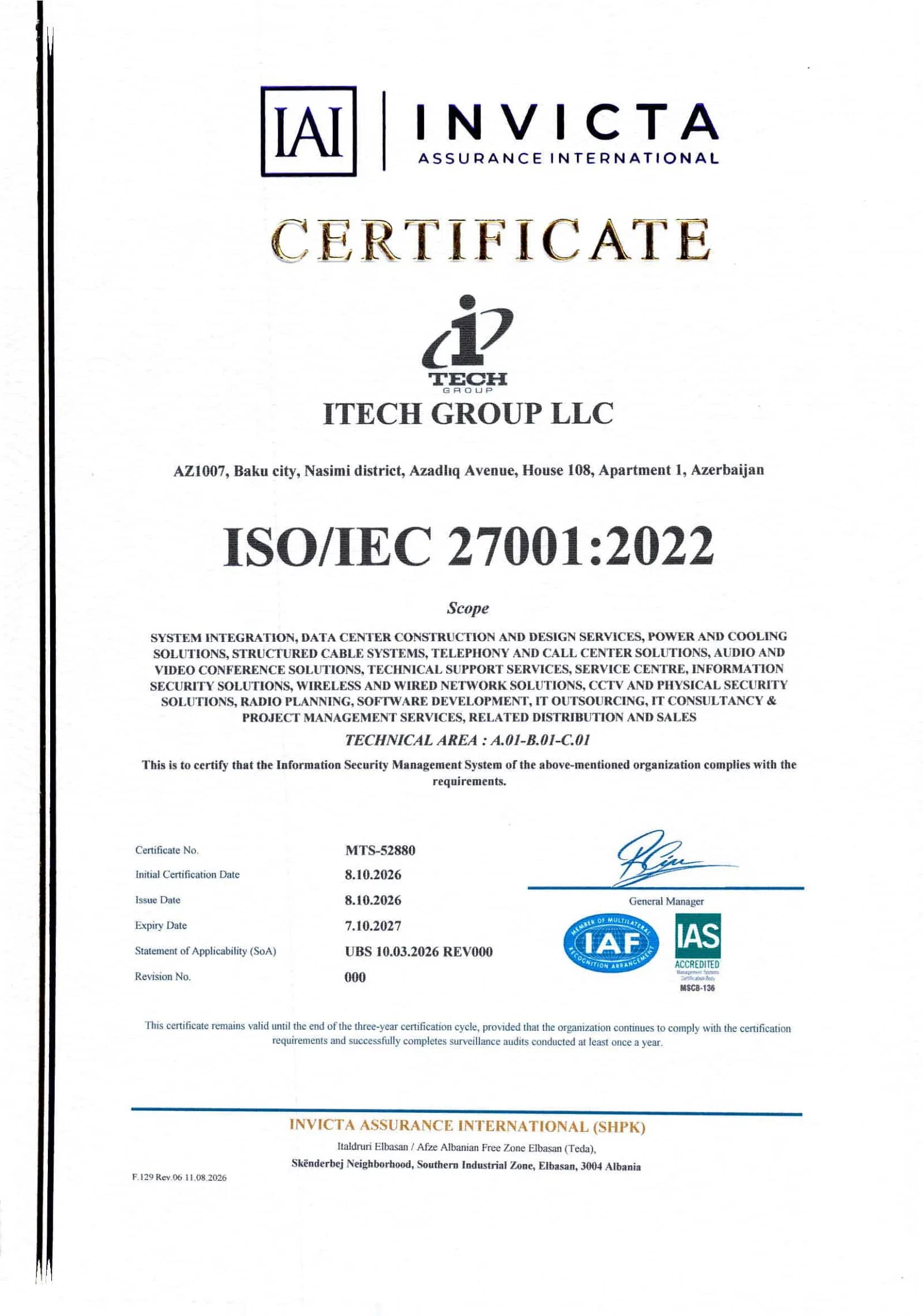 ISO/IEC 27001:2022 · İnformasiya Təhlükəsizliyi İdarəetmə Sistemi · MTS-52880 · etibarlıdır 07.10.2027
