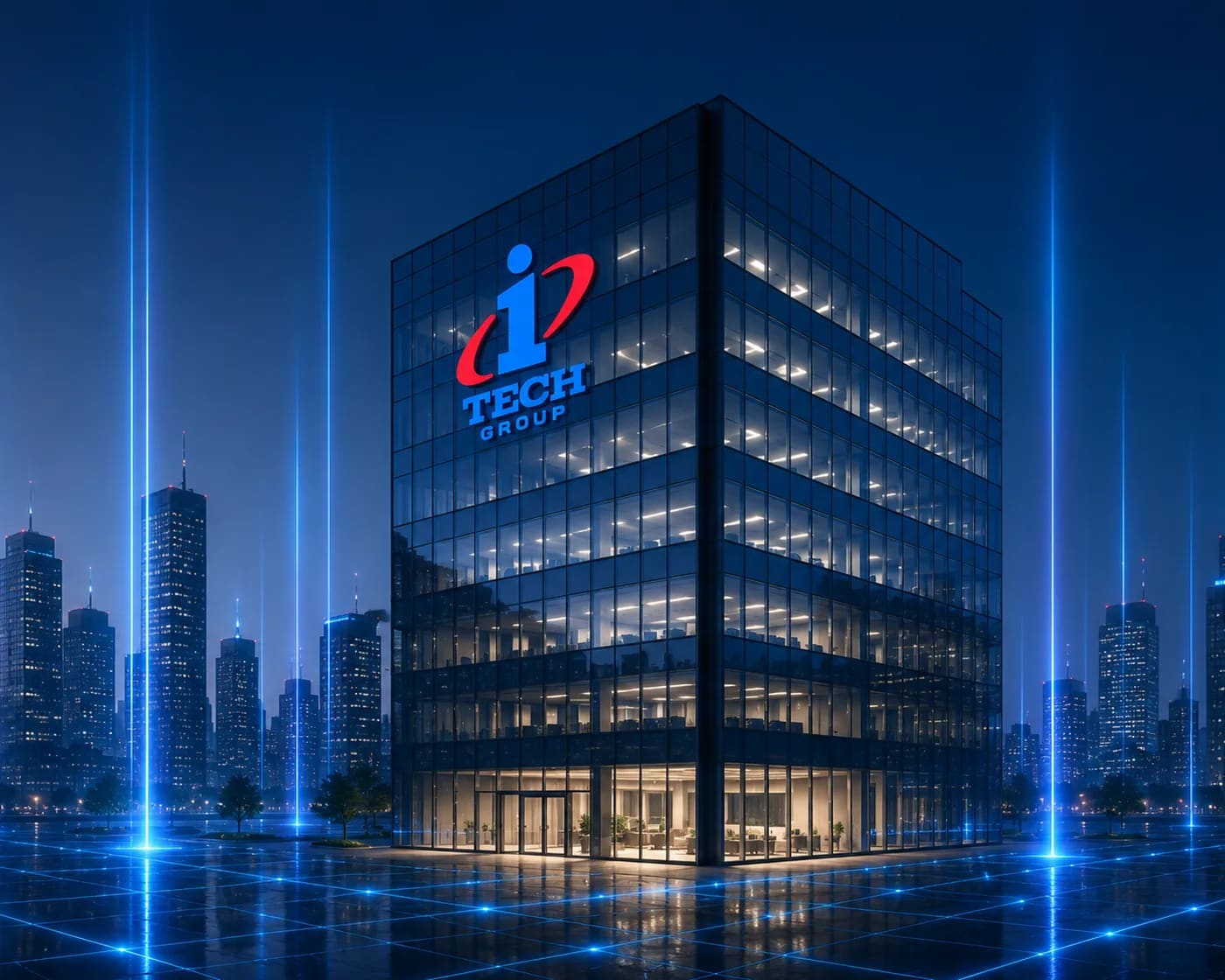 iTech Group ofis binası — rəqəmsal şəhər fonunda