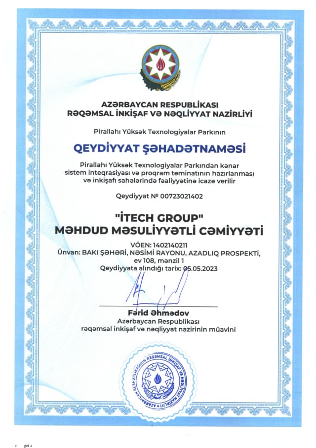 Yüksək Texnologiyalar Parkının Qeydiyyat Şəhadətnaməsi